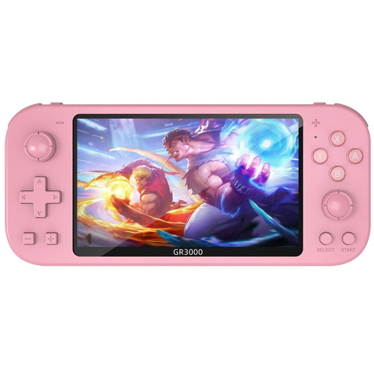 Pink handheld game console with touchscreen display and button controls