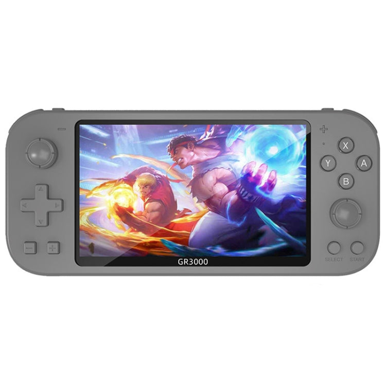 Gray handheld game console with touchscreen display and button controls