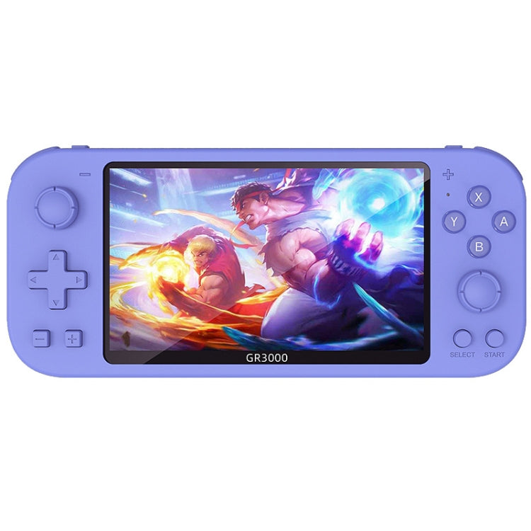 Purple handheld game console with touchscreen display and button controls