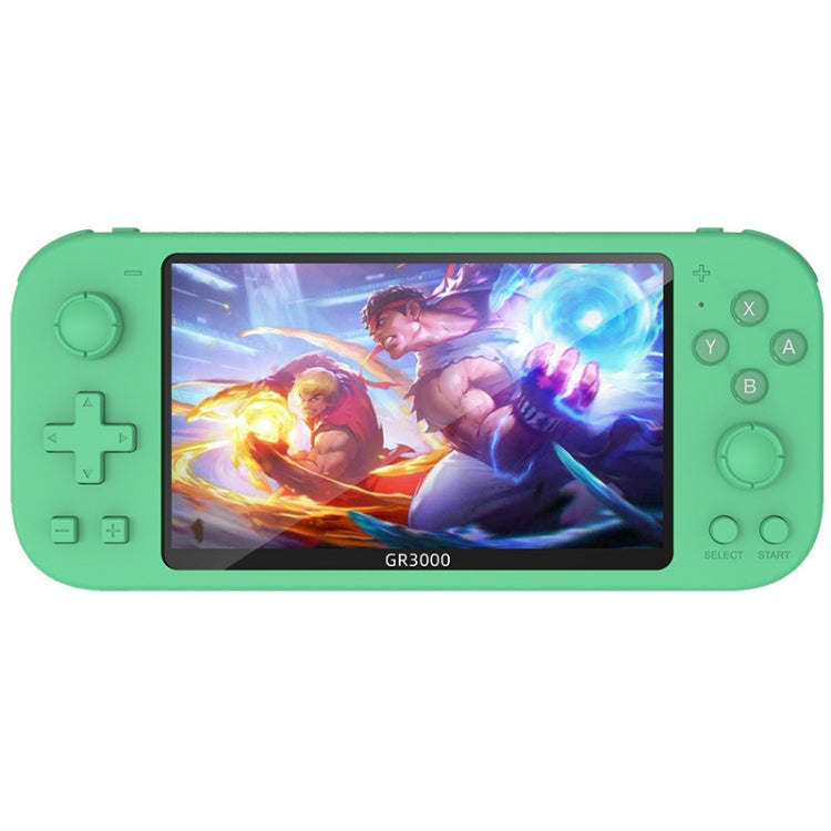 Green handheld game console with touchscreen display and button controls