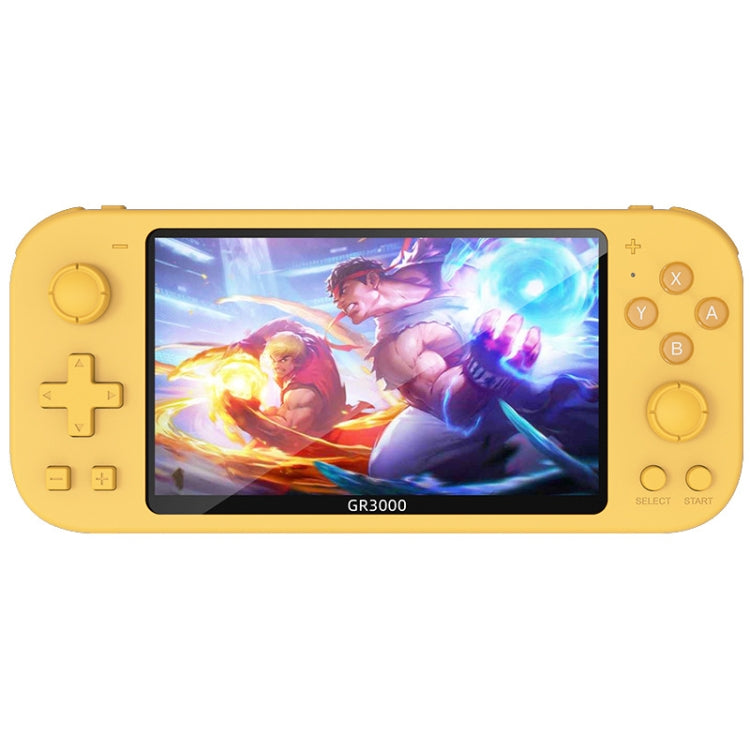 Yellow handheld game console with touchscreen display and button controls