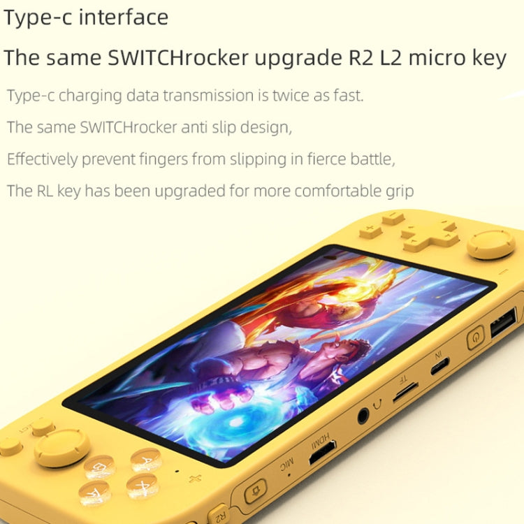 Yellow handheld game console side view with multiple ports and grip buttons