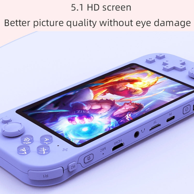 Lavender handheld game console with close-up touchscreen display
