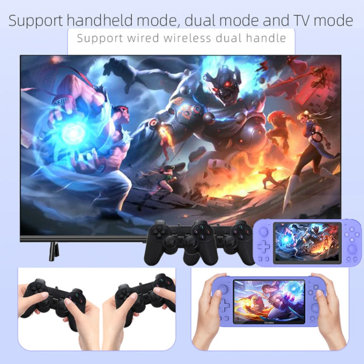 RG3000 handheld game console with dual wireless controllers in handheld and TV modes