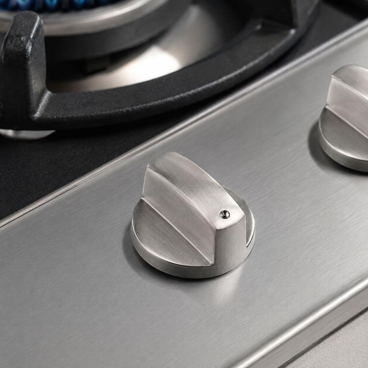 Brushed metal gas stove control knob, faceted round handle with screw hole