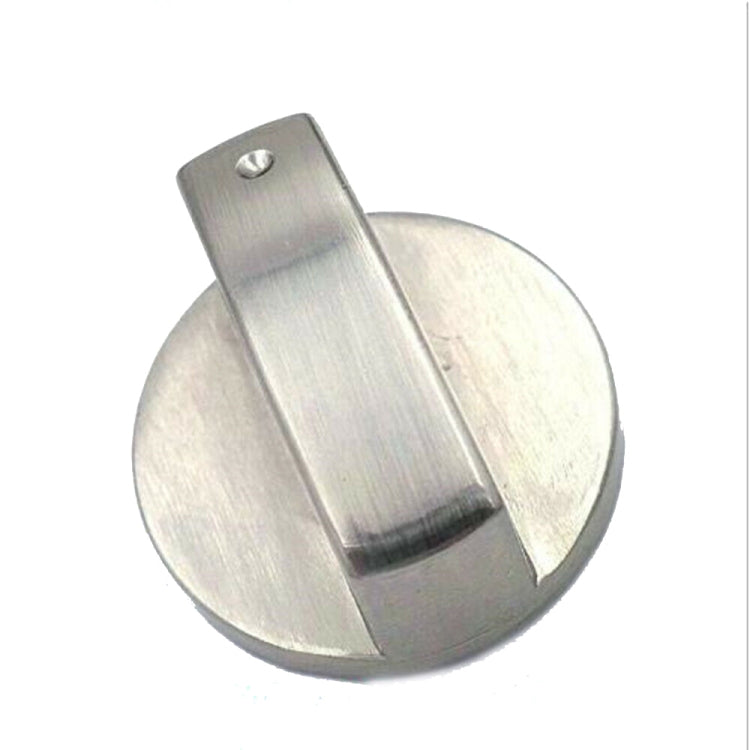 Brushed metal gas stove control knob with central horizontal indicator slot