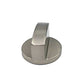 Brushed metal gas stove control knob, round base with vertical ridged stem
