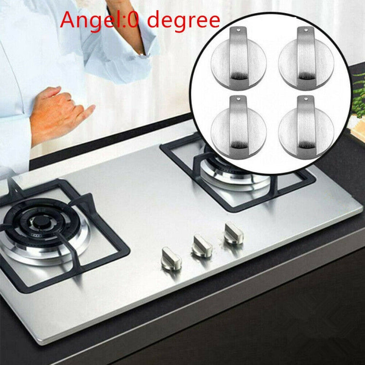 Brushed metal gas stove control knobs, four knobs shown on cooktop