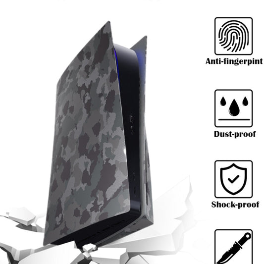 Camouflage PS5 console cover, angled panel with vent openings and protective edges