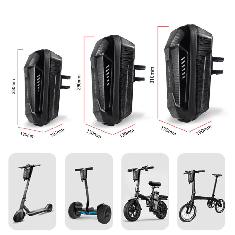EVA hard shell handlebar bag with mounting clips, shown with size dimensions