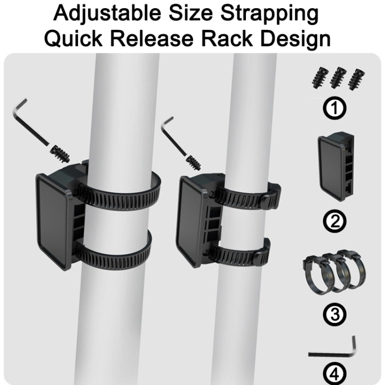 Adjustable strap mounting for an EVA hard shell handlebar bag with quick-release rack