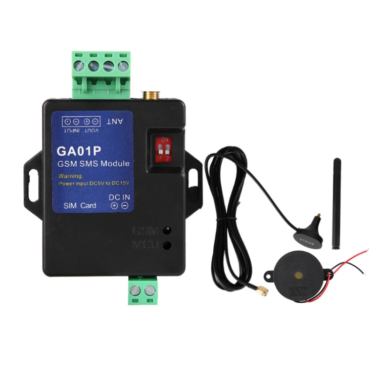 GSM SMS alarm module kit with antenna, sensor wires, and green mounting terminals