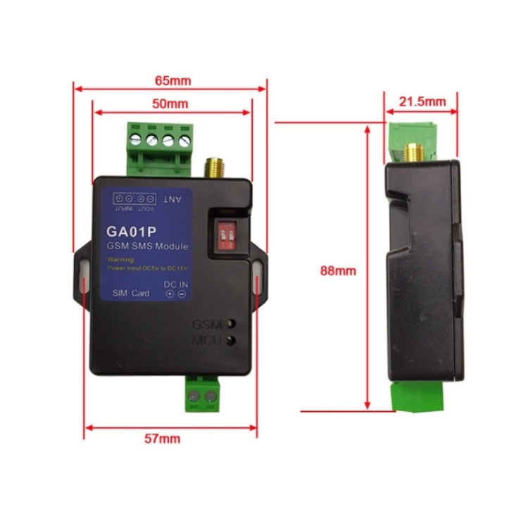 GSM SMS alarm module with green terminal strip and side profile dimensions
