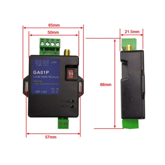 GSM SMS alarm module with green terminal strip and side profile dimensions