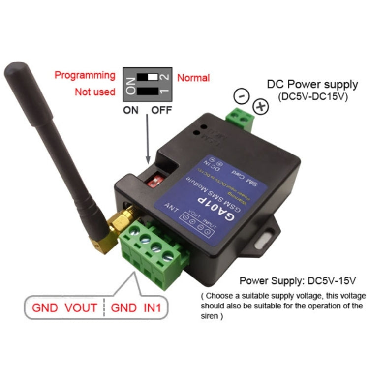 GSM SMS alarm module close-up showing power supply and wiring terminals