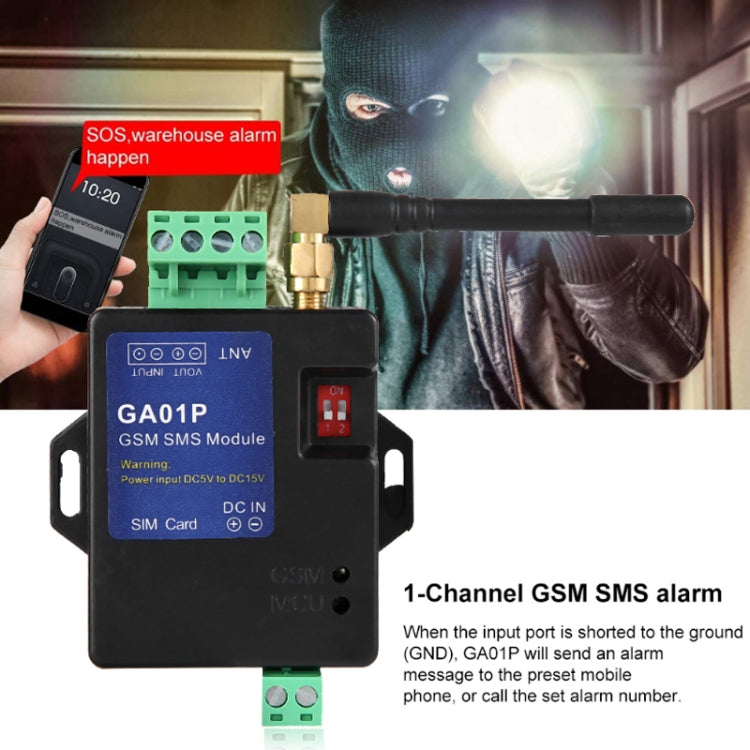 GSM SMS alarm module with antenna and smartphone shown for SMS alert