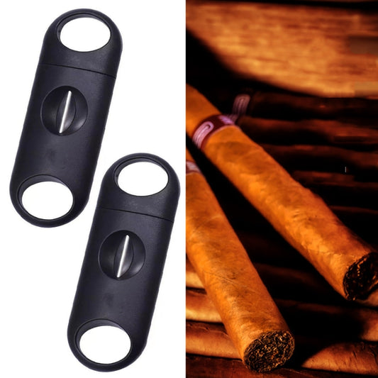 Set of 2 black portable cigar cutters with V-shaped blade openings and oval finger grips
