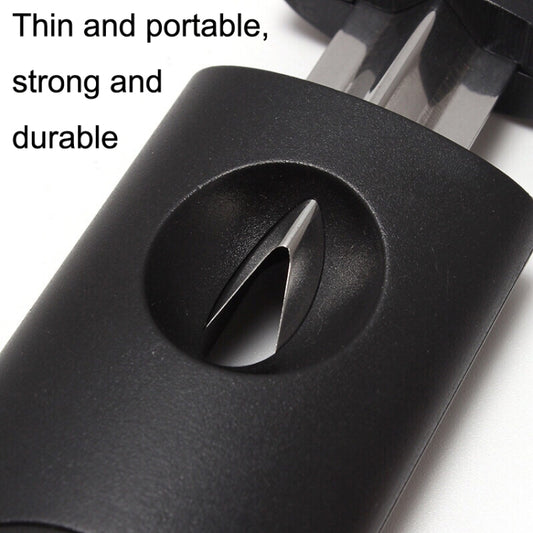 Black cigar cutter head with circular opening and V-shaped metal blade insert
