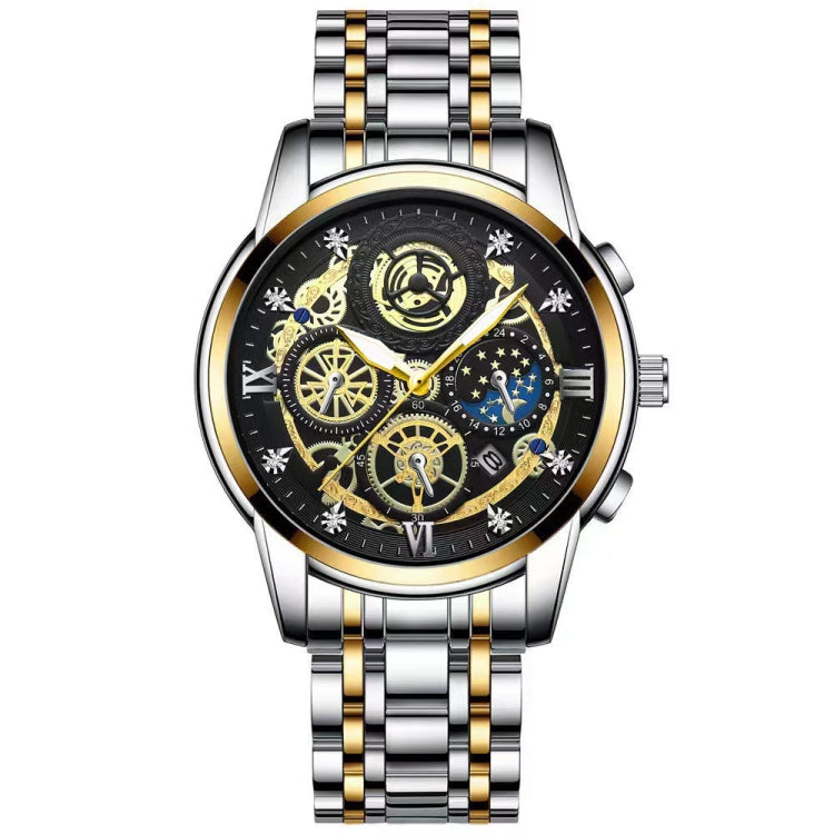 Two-tone metal wristwatch with black skeleton dial, gold details, and date markers