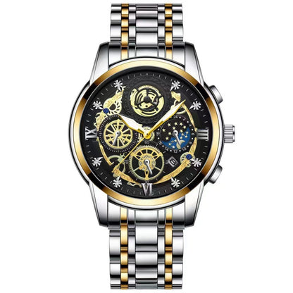 Two-tone metal wristwatch with black skeleton dial, gold details, and date markers