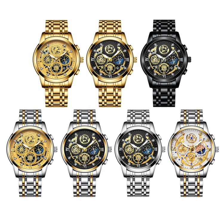 Assorted skeleton watches with gold, black, and silver metal bands and jeweled dials