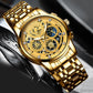 Gold-tone skeleton quartz watch with blue subdial and rotating gear details