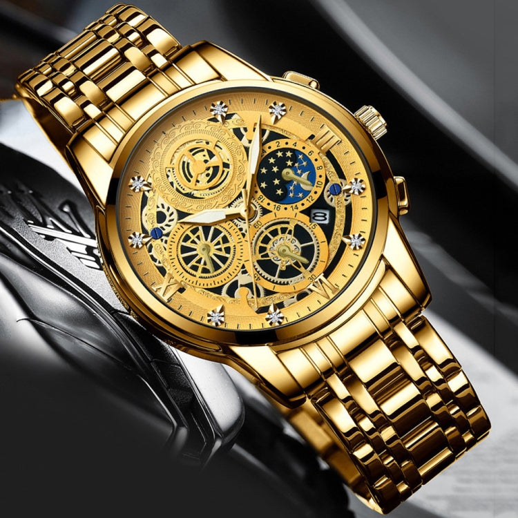 Gold-tone skeleton quartz watch with blue subdial and rotating gear details