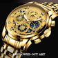 Gold-tone skeleton quartz watch with blue subdial, ornate dial, and metal case