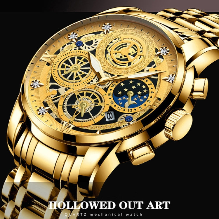 Gold-tone skeleton quartz watch with blue subdial, ornate dial, and metal case