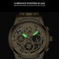 Dark dial skeleton quartz watch with green luminous hour hands and metal bracelet