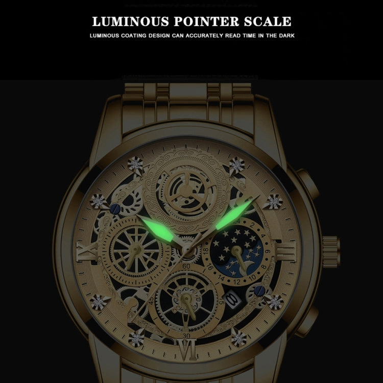 Dark dial skeleton quartz watch with green luminous hour hands and metal bracelet