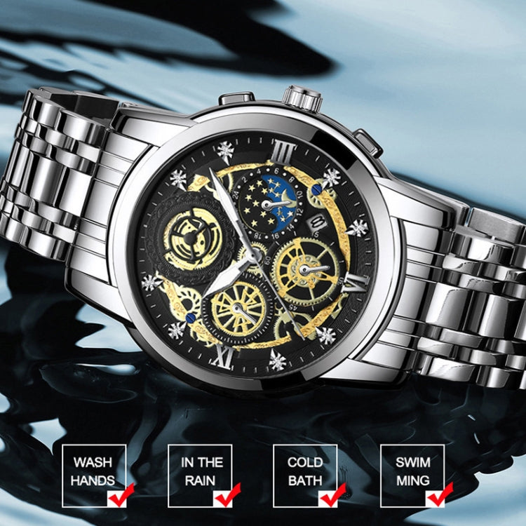 Silver-tone wristwatch with black skeleton dial, gold accents, and metal bracelet