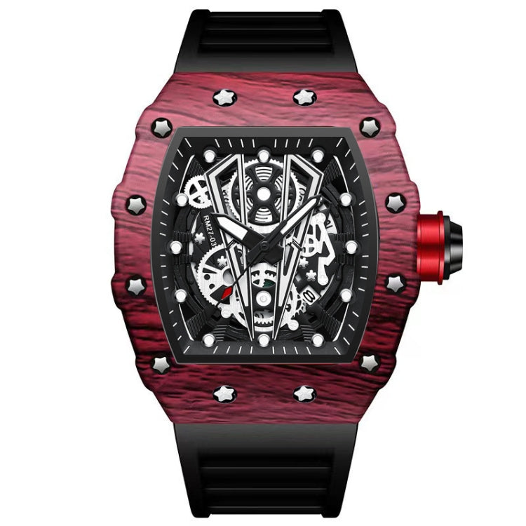 Men's barrel-shaped sports quartz watch with red textured strap and black skeleton dial