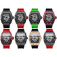 Barrel-shaped sports quartz watch lineup with black, red, green, and rose silicone straps