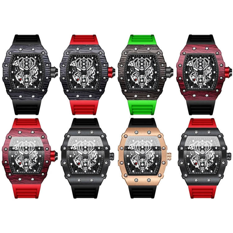 Barrel-shaped sports quartz watch lineup with black, red, green, and rose silicone straps