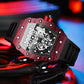 Barrel-shaped sports quartz watch with red textured case and black skeleton dial close-up