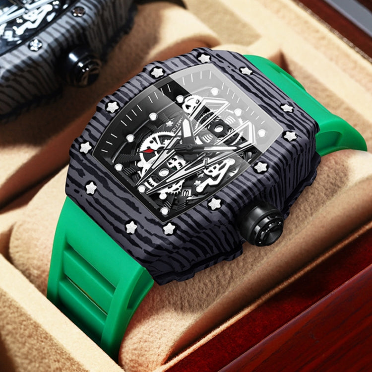 Barrel-shaped sports quartz watch with black skeleton dial and green silicone strap