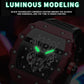 Sports quartz watch with luminous green hands on dark skeleton dial and red textured strap