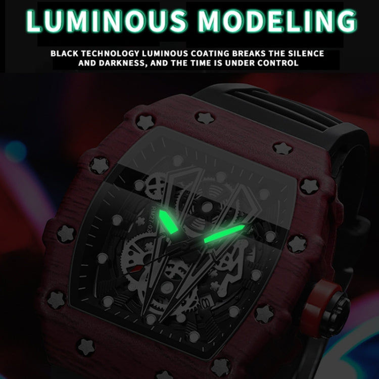 Sports quartz watch with luminous green hands on dark skeleton dial and red textured strap