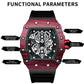Barrel-shaped sports quartz watch with red strap and black skeleton dial with highlighted features