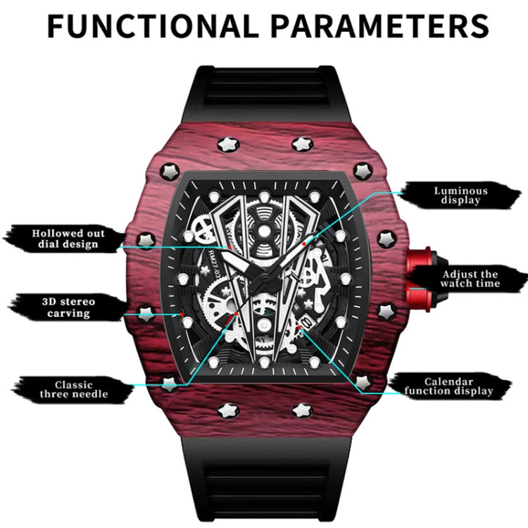 Barrel-shaped sports quartz watch with red strap and black skeleton dial with highlighted features