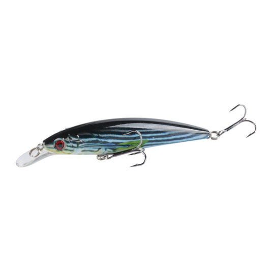 Blue and black striped plastic hard fishing lure with lip and two treble hooks