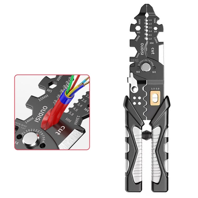 Electric wire stripper tool with black handles and multi-size cutting and stripping slots