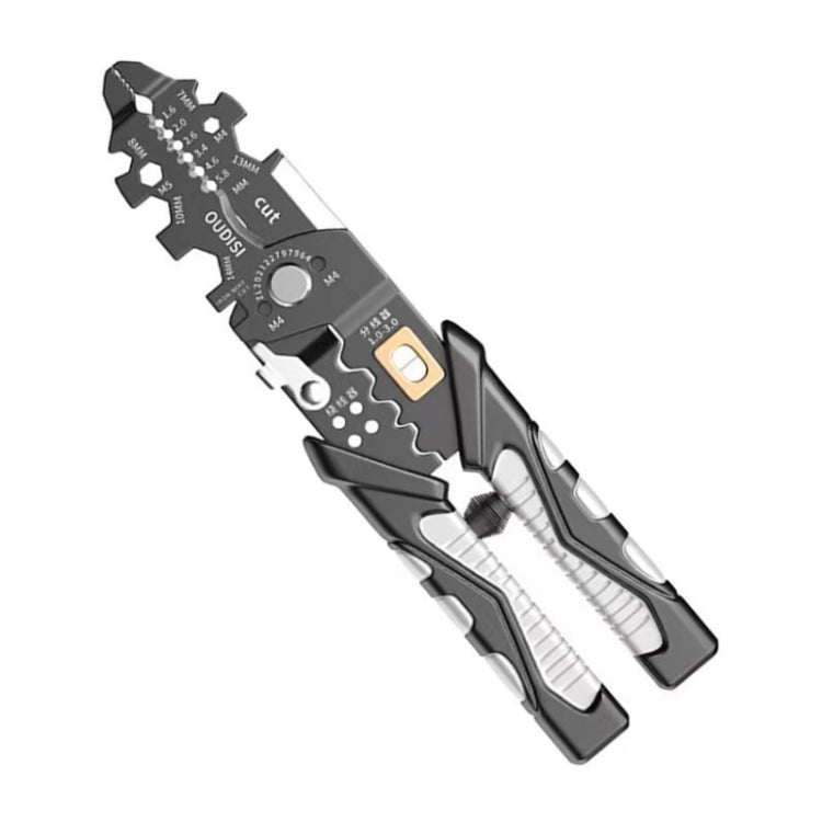Electric multipurpose wire stripper pliers with black jaws and numbered wire-gauge slots