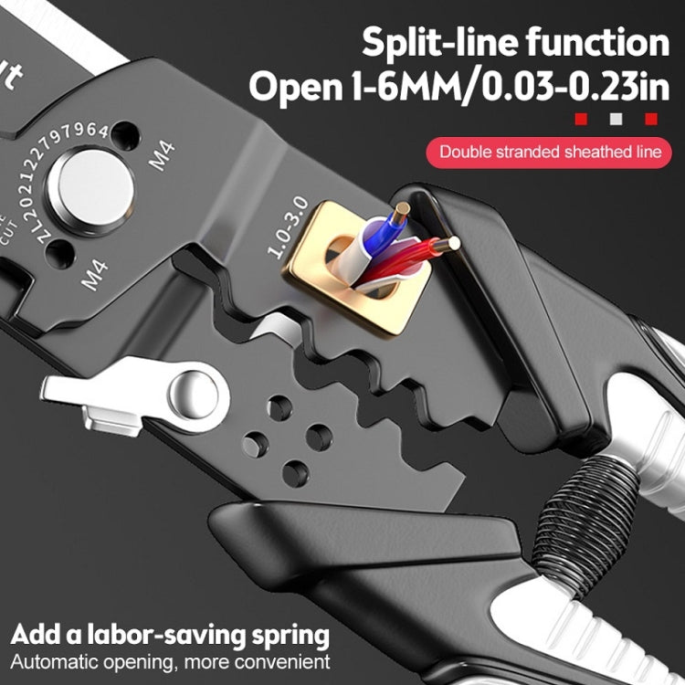 Wire stripping pliers head with spring-open action, oval cutouts, and gold insert