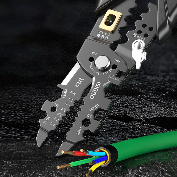 Electric wire stripper cutting head gripping insulated wires with size markings