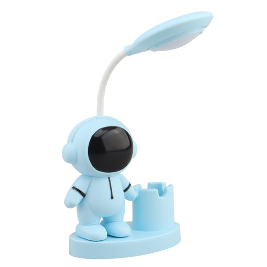 Blue astronaut LED desk lamp with flexible neck, pen holder base, and pencil sharpener