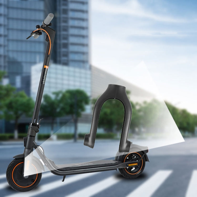 Front fork cover installed on electric scooter front, dark plastic protective guard