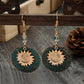 Sunflower drop earrings with teal discs, gold sunflower center, and faceted crystal dangles