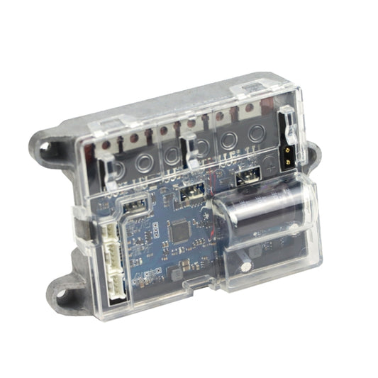 Electric scooter main board controller side view with clear housing and blue PCB